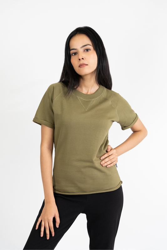 Womens Olive French Terry Raglan Crew Neck